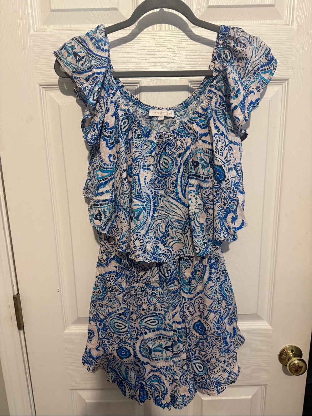 Mary & Mabel Blue and White Paisley Ruffle Romper